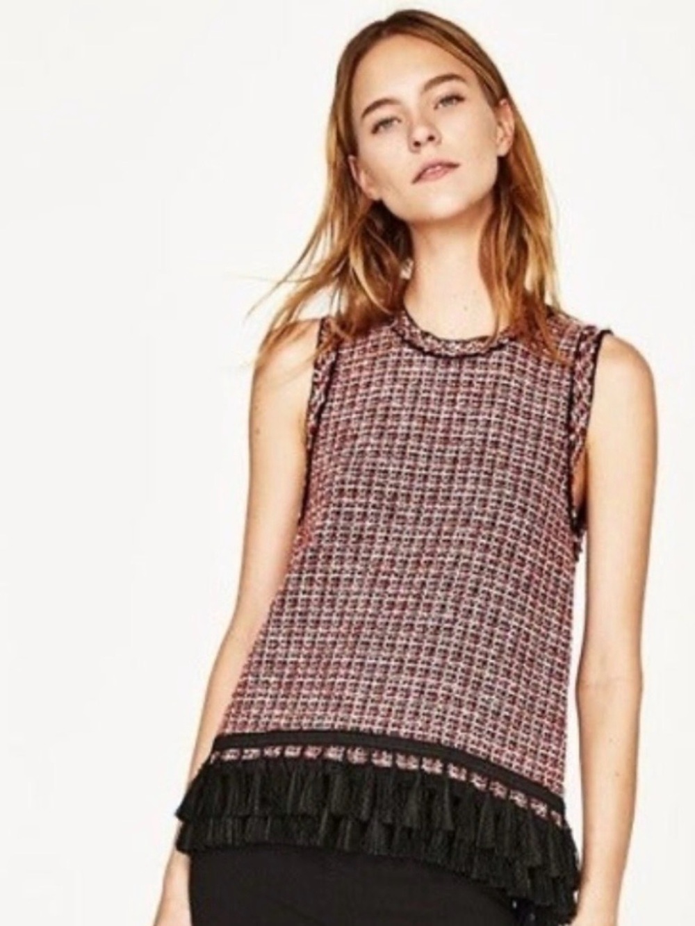 Zara Black and Pink Tweed Sleeveless Top with Fringe